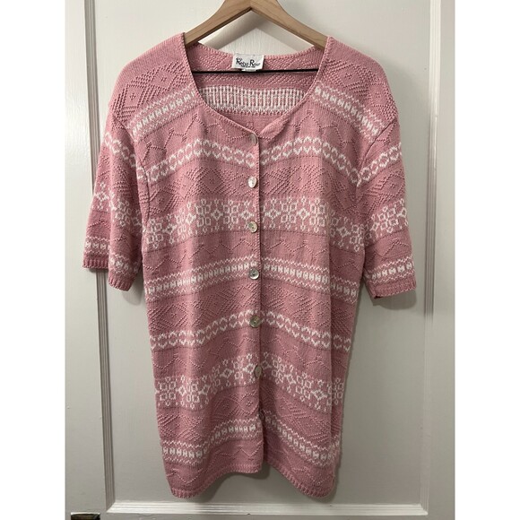 Reba Rose Vintage Pink White Short Sleeve Button Front Sweater Women's 14 / 16 - Picture 1 of 6
